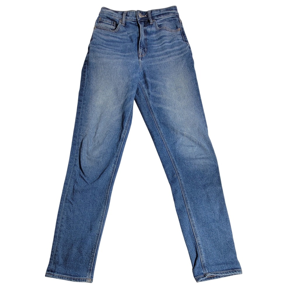 American Eagle High Rise Mom‎ Jeans Blue Stretch Slim Straight Size 2 X-Long